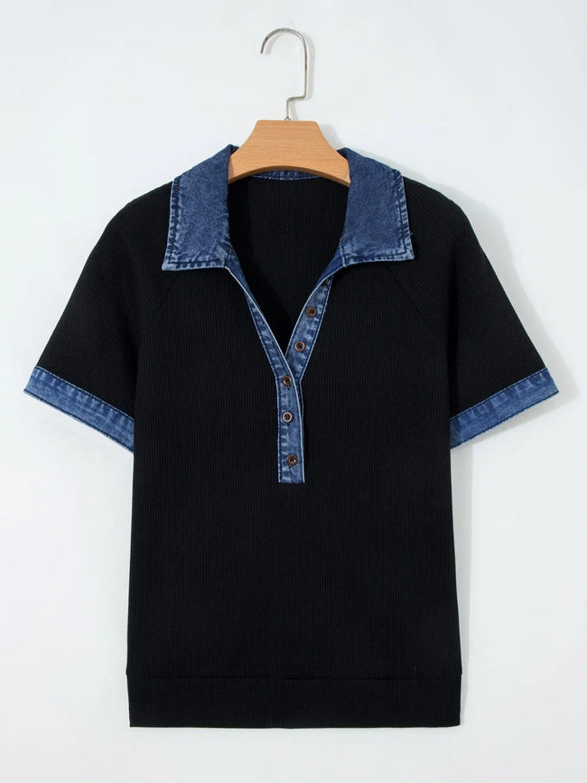 Denim Trim Button Detail Short Sleeve Shirt  Style Ratio