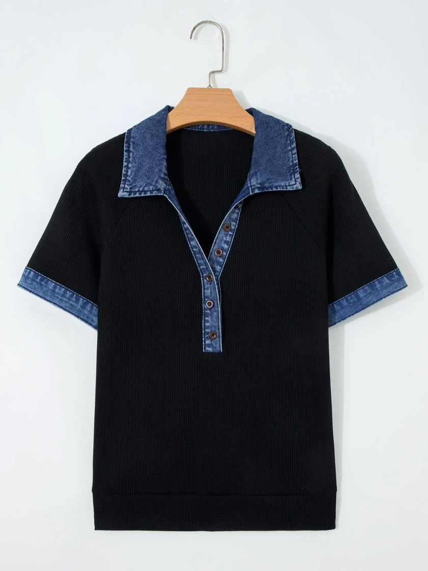 Denim Trim Button Detail Short Sleeve Shirt  Style Ratio