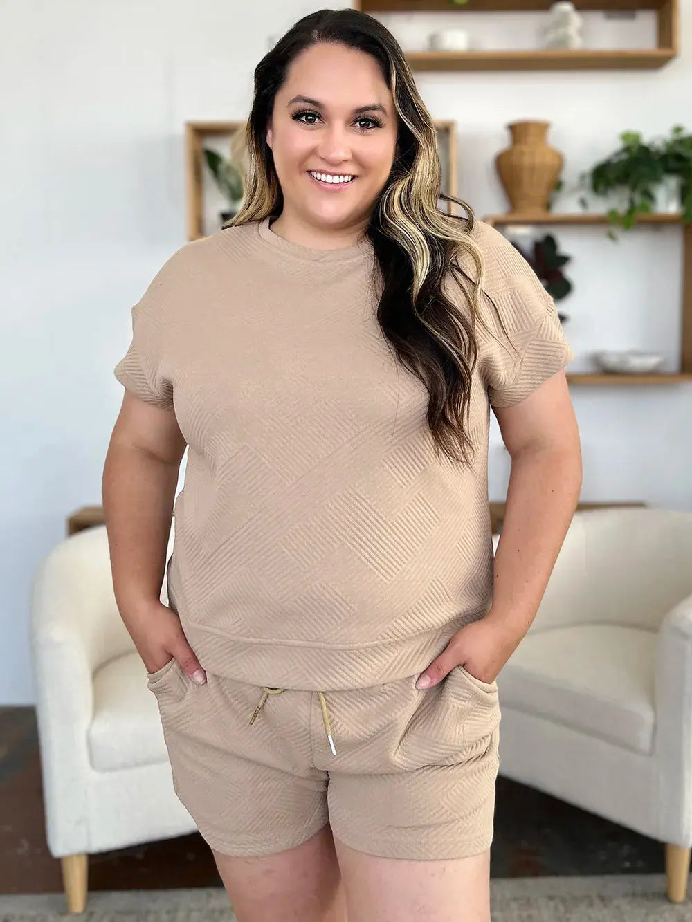 Double Take Full Size Texture Short Sleeve T-Shirt and Drawstring Shorts Set  Style Ratio
