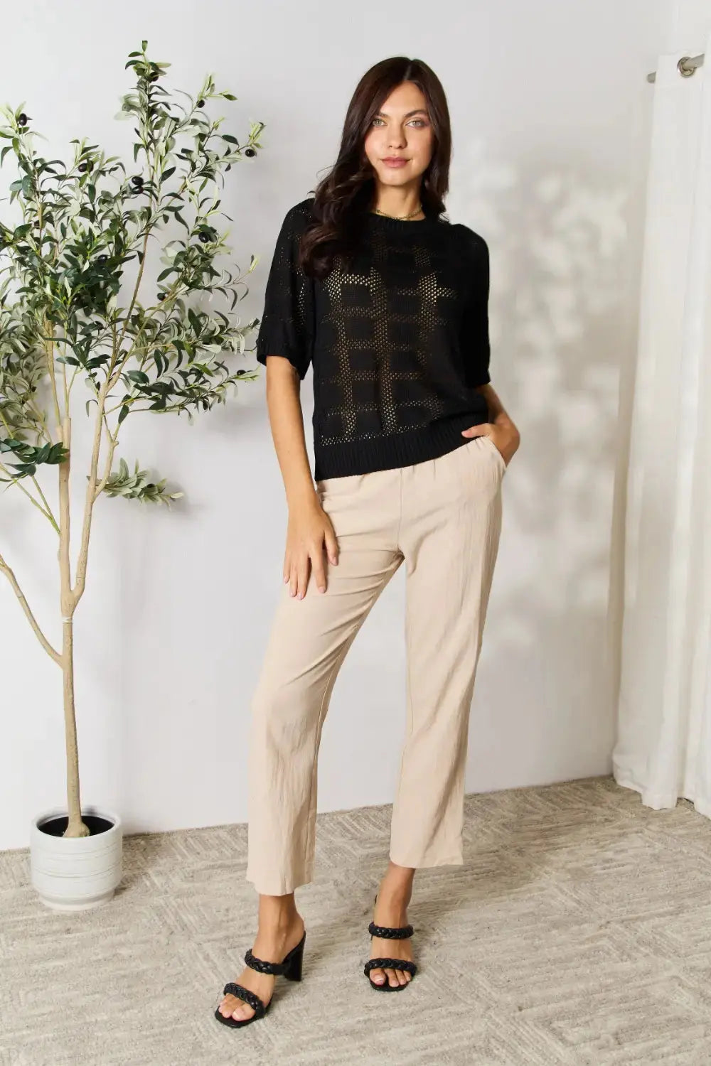 Mandy Ribbed Trim Round Neck Knit Blouse  Style Ratio