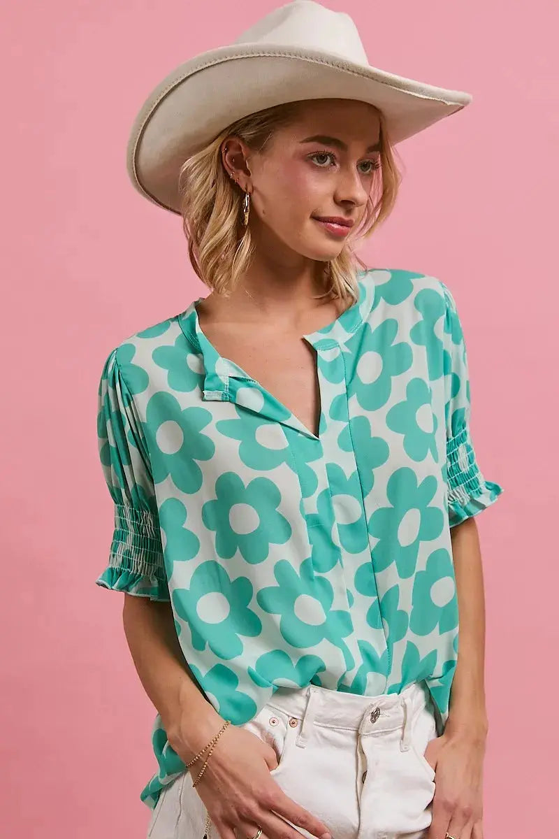 BiBi Flower Printed Woven Smocking Sleeves V Neck Blouse  Style Ratio