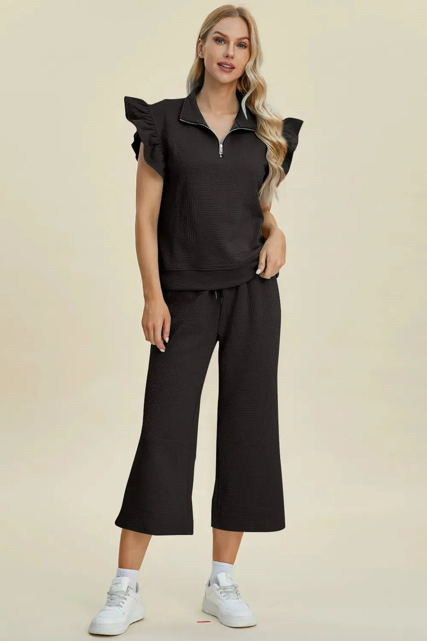 Double Take Full Size Texture Ruffle Short Sleeve Top and Wide Leg Pants Set  Style Ratio