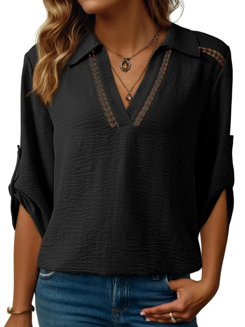 Johnny Collar Roll-Up Sleeve Blouse  Style Ratio