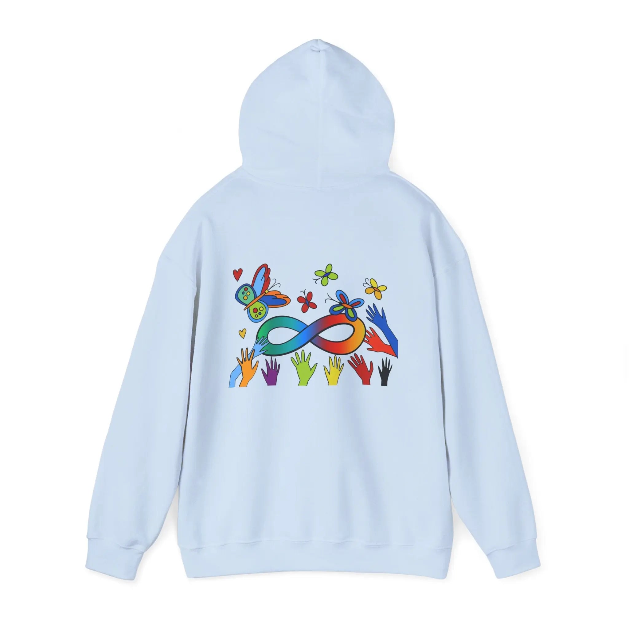 Neurospicy: Colorful Hands w/Words & Butterflies Design Hoodie  Style Ratio