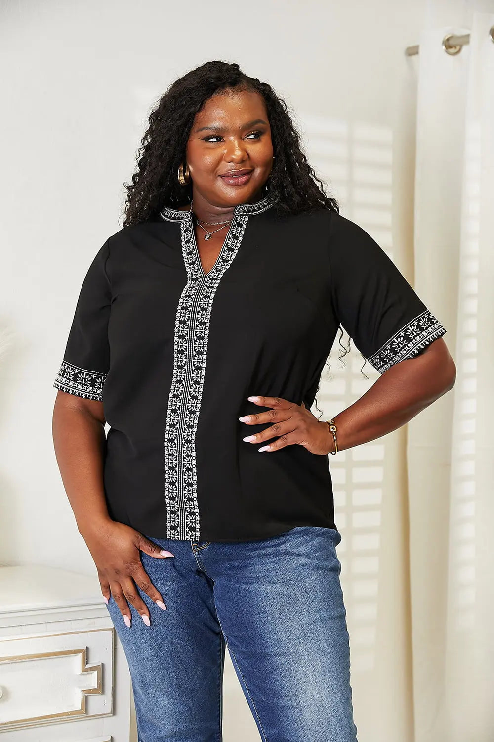 Double Take Embroidered Notched Neck Blouse  Style Ratio
