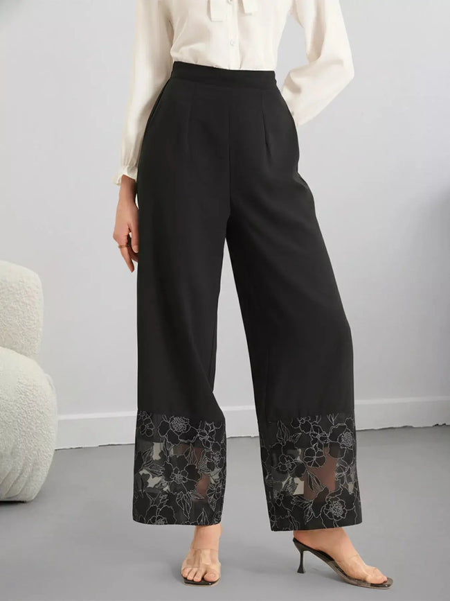 Floral Lace Hem Wide Leg Pants  Style Ratio