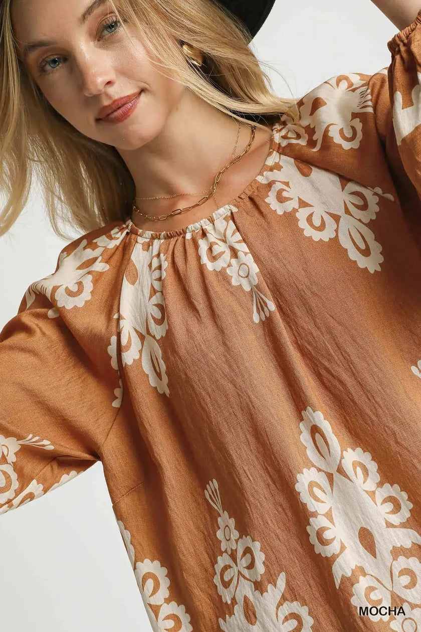 Umgee Full Size Two Tone Border Print Top with Balloon Sleeves  Style Ratio