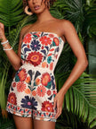 Floral Print Strapless Elastic Waist Romper  Style Ratio