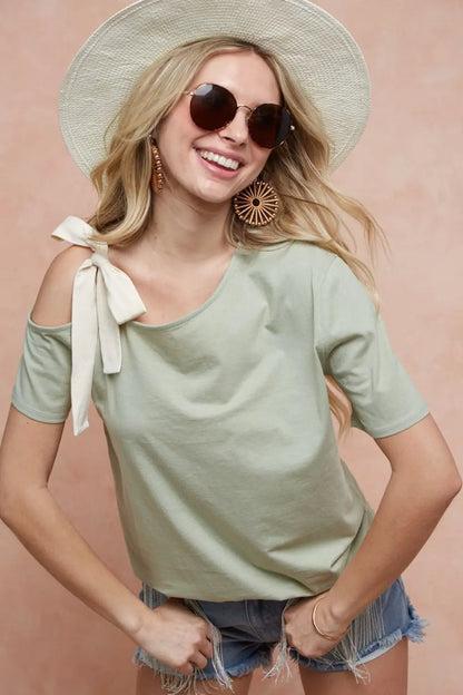 Tied Ribbon One Shoulder Short Sleeve Shirt Trendsi