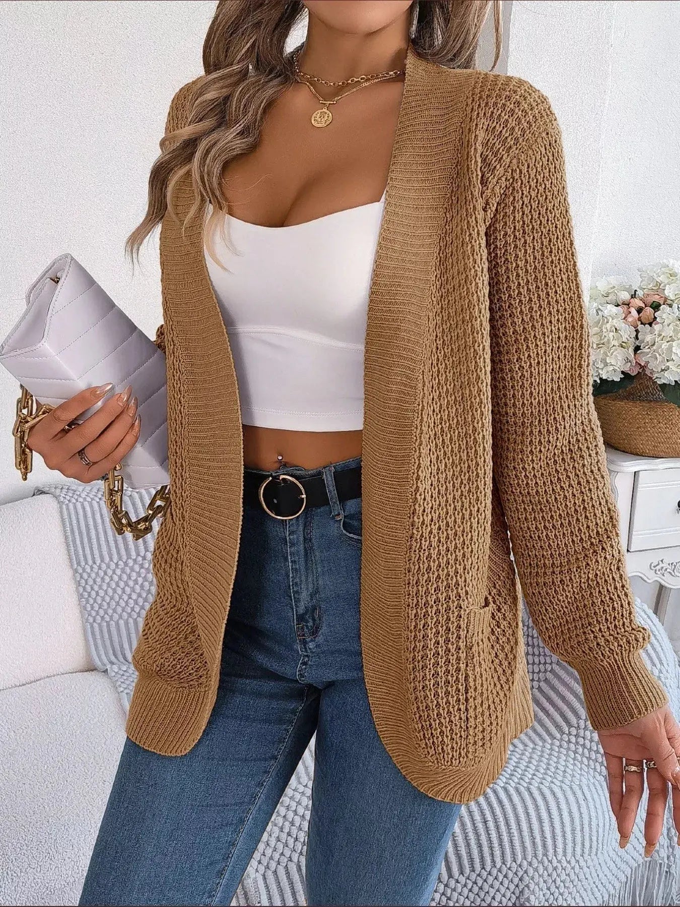 Chunky Knit Open Front Cardigan with Pockets  Style Ratio