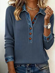 Full Size Denim Trim Button Front Ribbed Knit Top Plus Size  Style Ratio