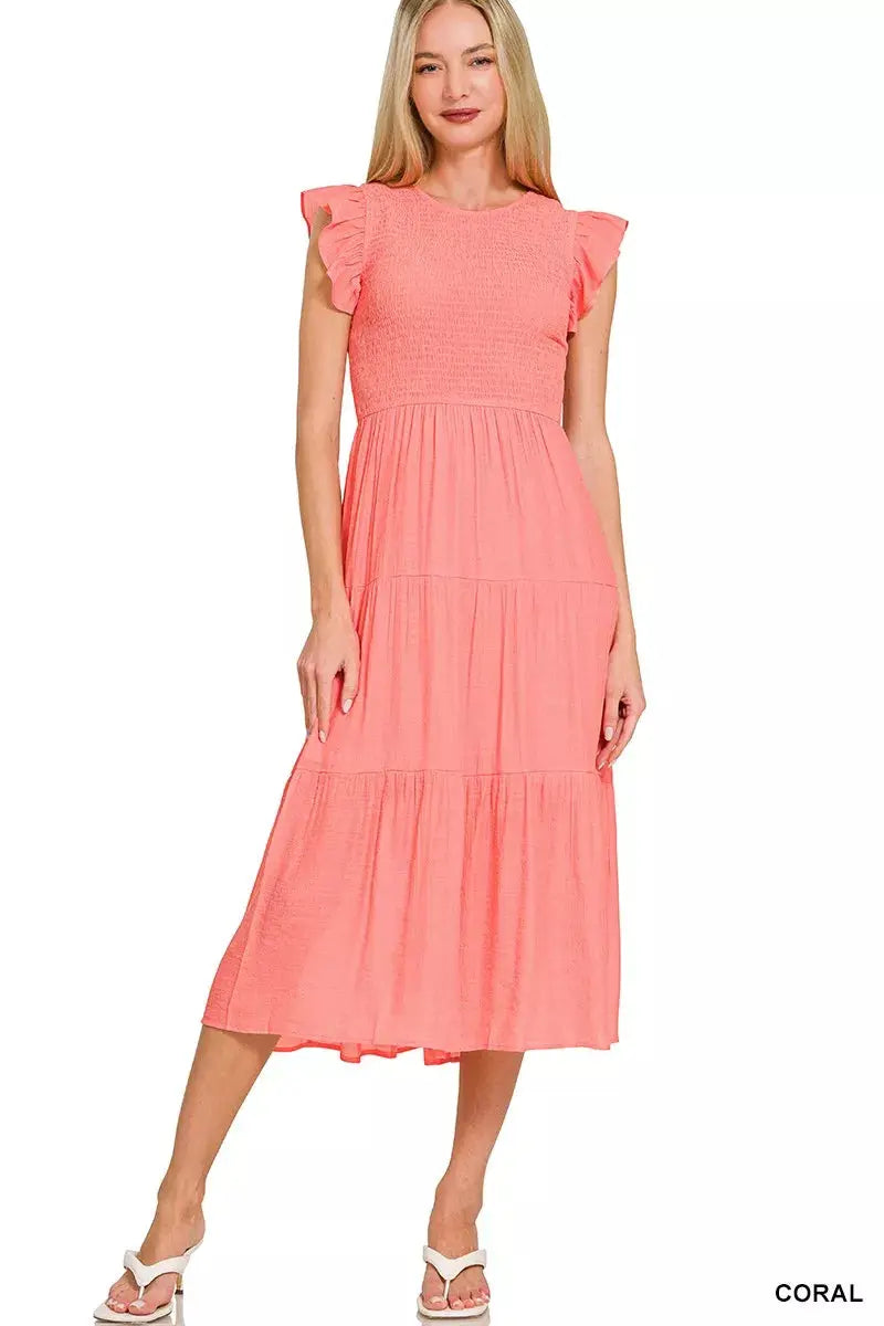 Zenana Woven Smocked Ruffle Sleeve Midi Dress  Style Ratio
