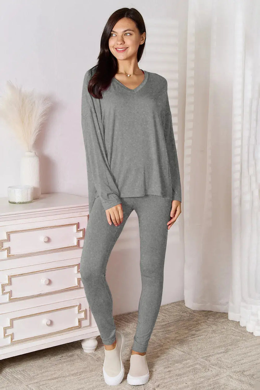 Basic Bae Bamboo V Neck Long Sleeve Top and Pants Loungewear  Style Ratio