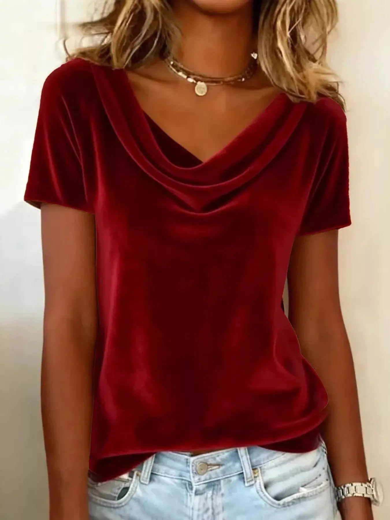 Full Size Cowl Neck Short Sleeve Top  Style Ratio