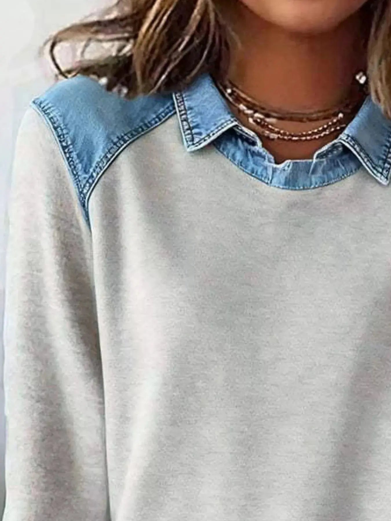 Full Size Denim Trim Long Sleeve Top  Style Ratio