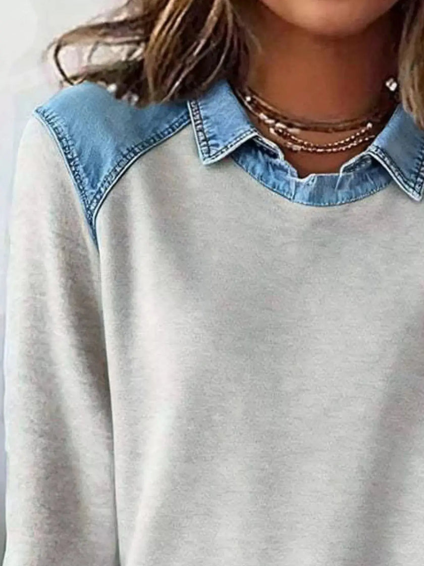 Full Size Denim Trim Long Sleeve Top  Style Ratio