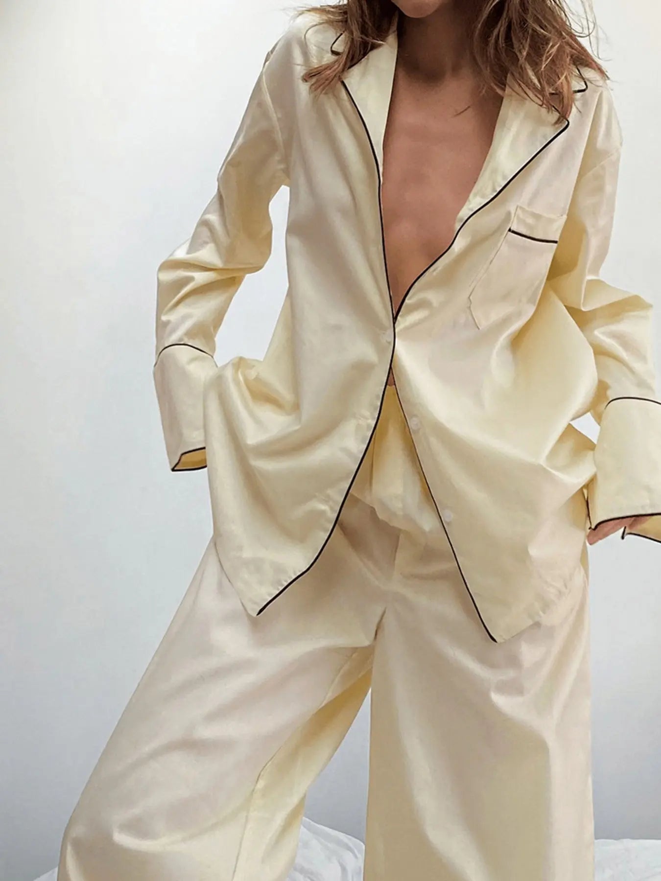 Contrast Trim Button Up Top and Pants Lounge Set  Style Ratio