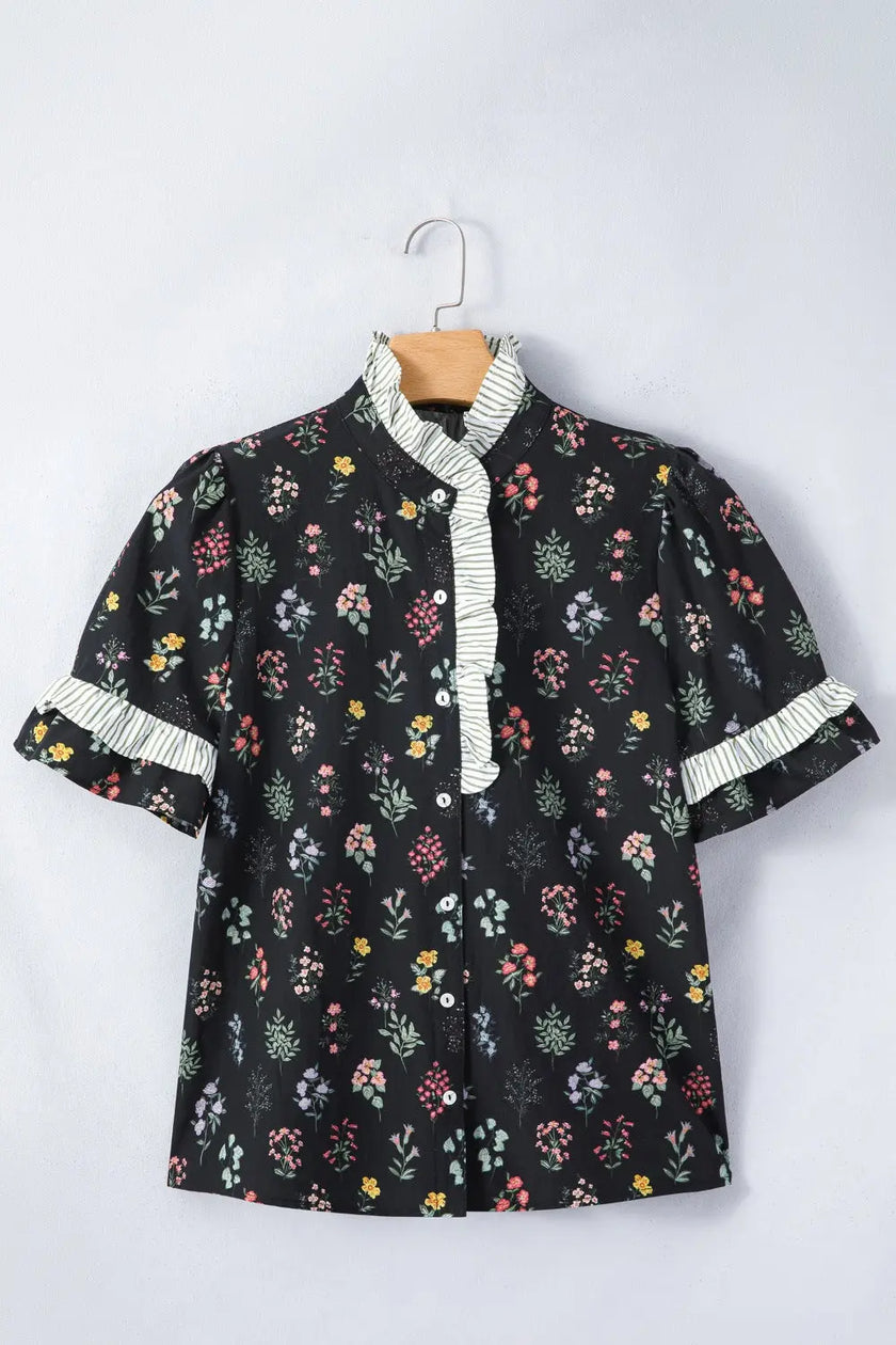 Contrast Frilled Trim Short Sleeve Floral Shirt  Style Ratio
