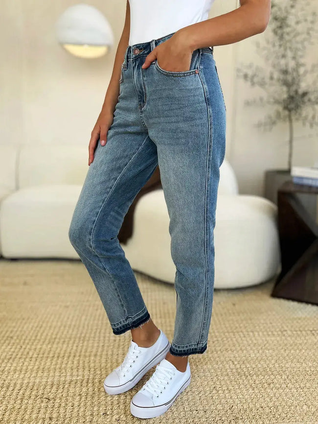Judy Blue Full Size Mid Rise Rigid Magic Release Hem Jeans  Style Ratio