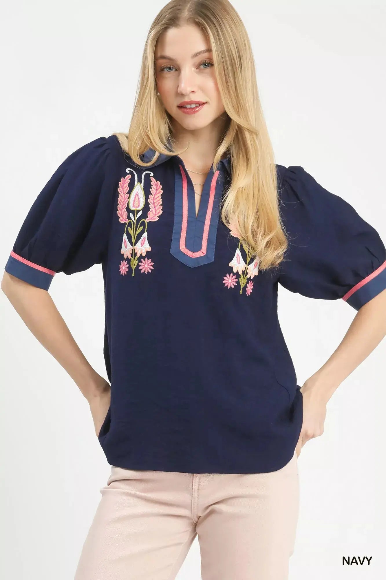 Umgee Embroidered Puff Sleeve Contrast Trim Top  Style Ratio