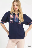 Umgee Embroidered Puff Sleeve Contrast Trim Top  Style Ratio