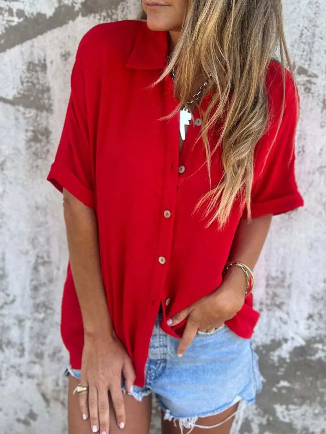 Full Size Collared Neck Half Sleeve Shirt  Style Ratio