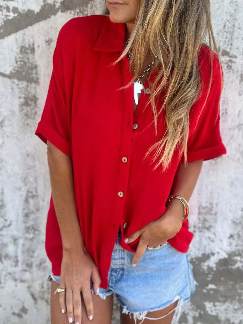 Full Size Collared Neck Half Sleeve Shirt  Style Ratio