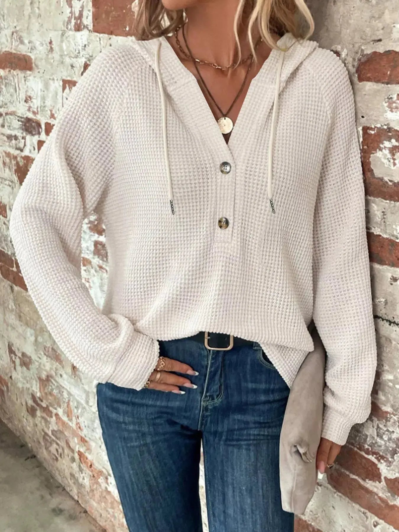 Full Size Button Detail Waffle Knit Hoodie  Style Ratio
