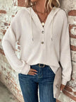 Full Size Button Detail Waffle Knit Hoodie  Style Ratio