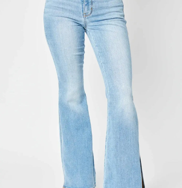 Judy Blue Full Size Mid Rise Raw Hem Slit Flare Jeans  Style Ratio