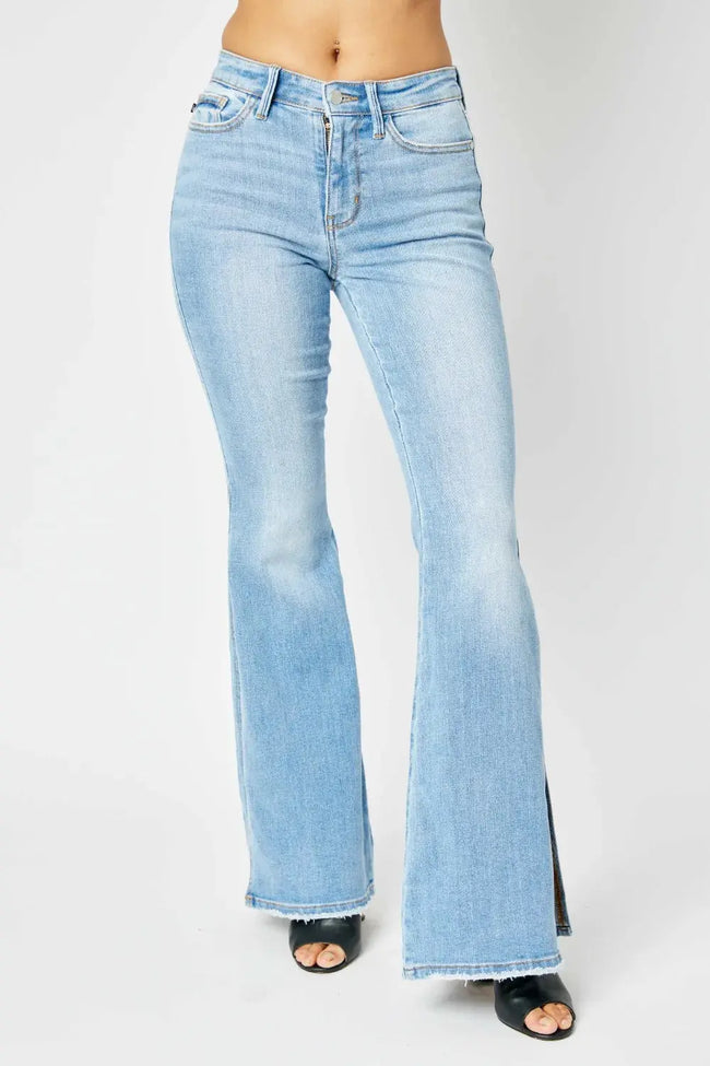 Judy Blue Full Size Mid Rise Raw Hem Slit Flare Jeans  Style Ratio