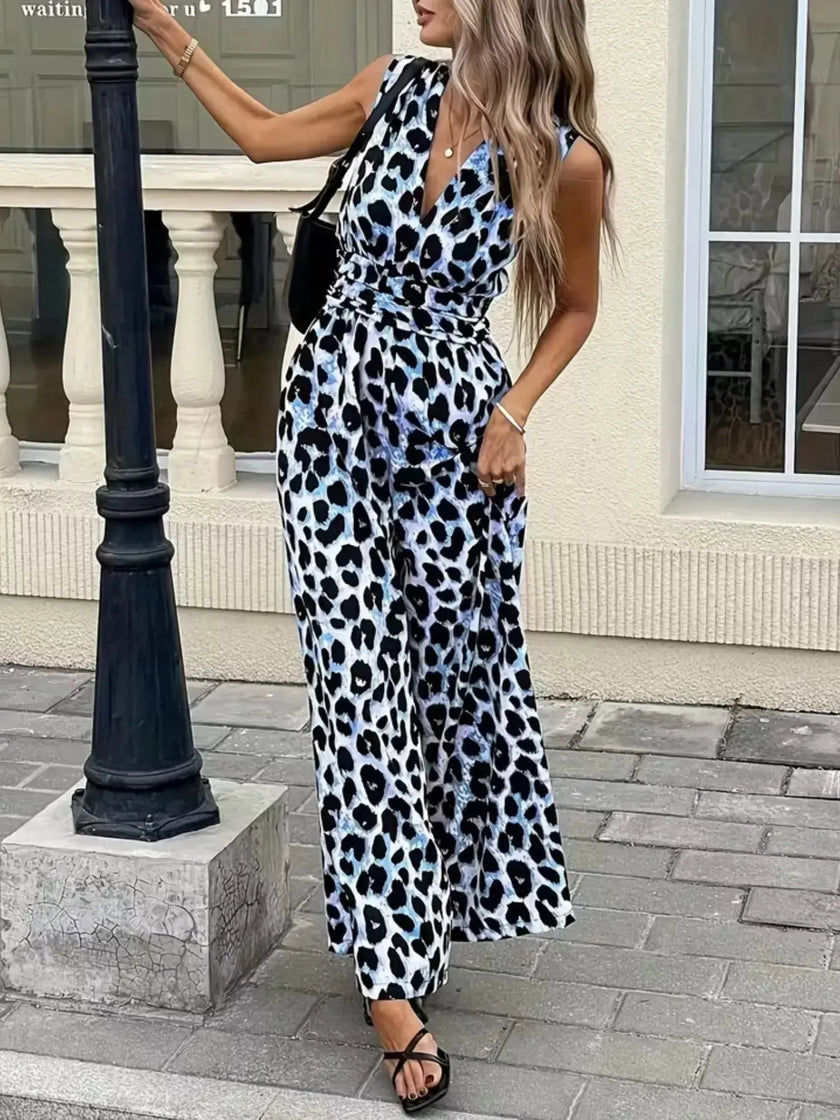 Sleeveless V Neck Leopard Print Jumpsuit  Style Ratio