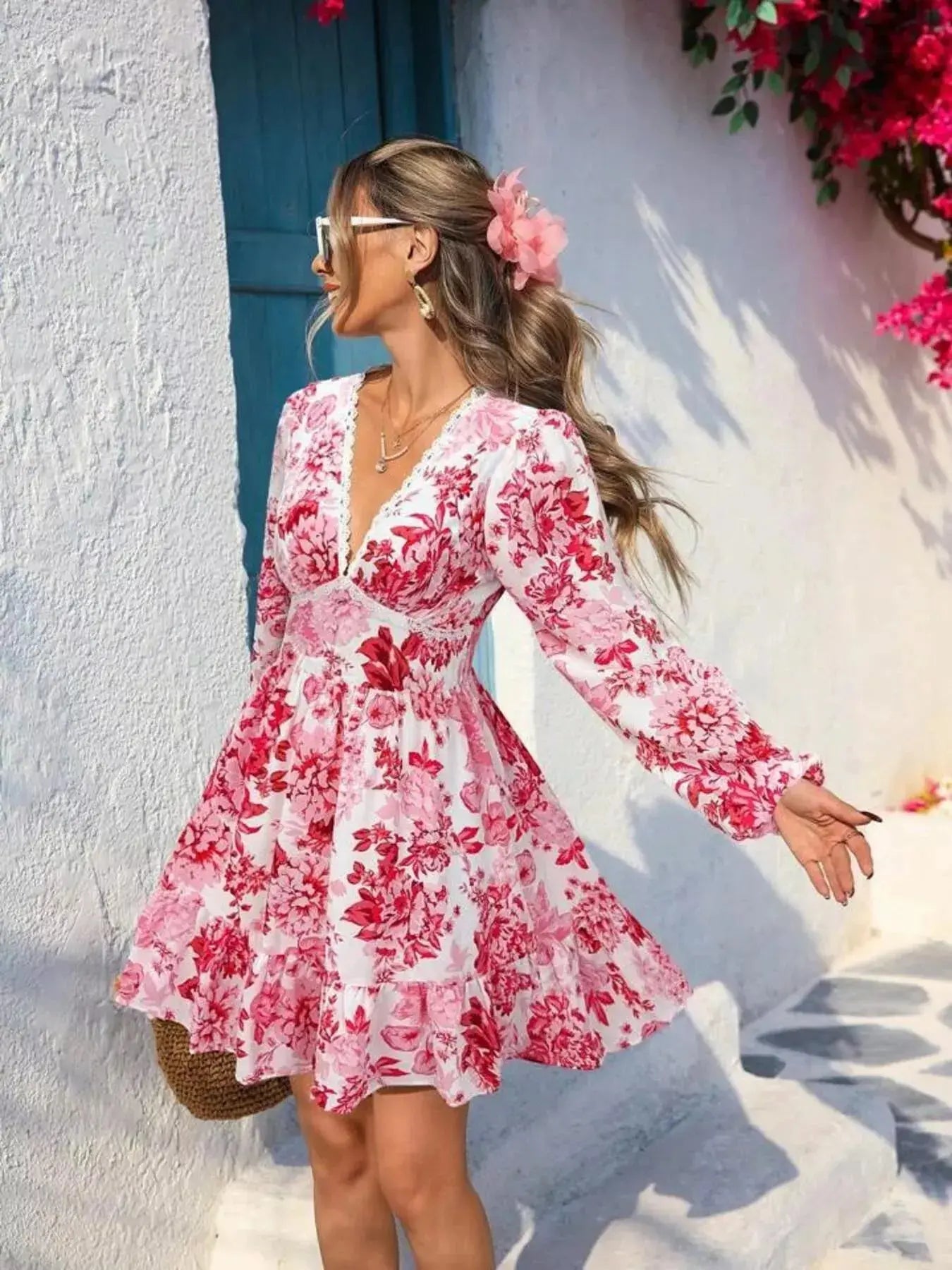 Full Size Floral Print V-Neck Long Sleeve Ruffle Hem Mini Dress  Style Ratio