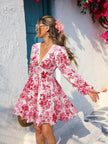 Full Size Floral Print V-Neck Long Sleeve Ruffle Hem Mini Dress  Style Ratio