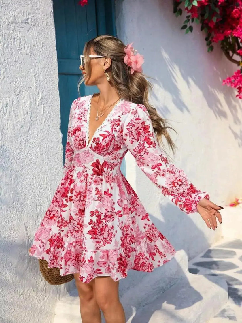 Full Size Floral Print V-Neck Long Sleeve Ruffle Hem Mini Dress  Style Ratio