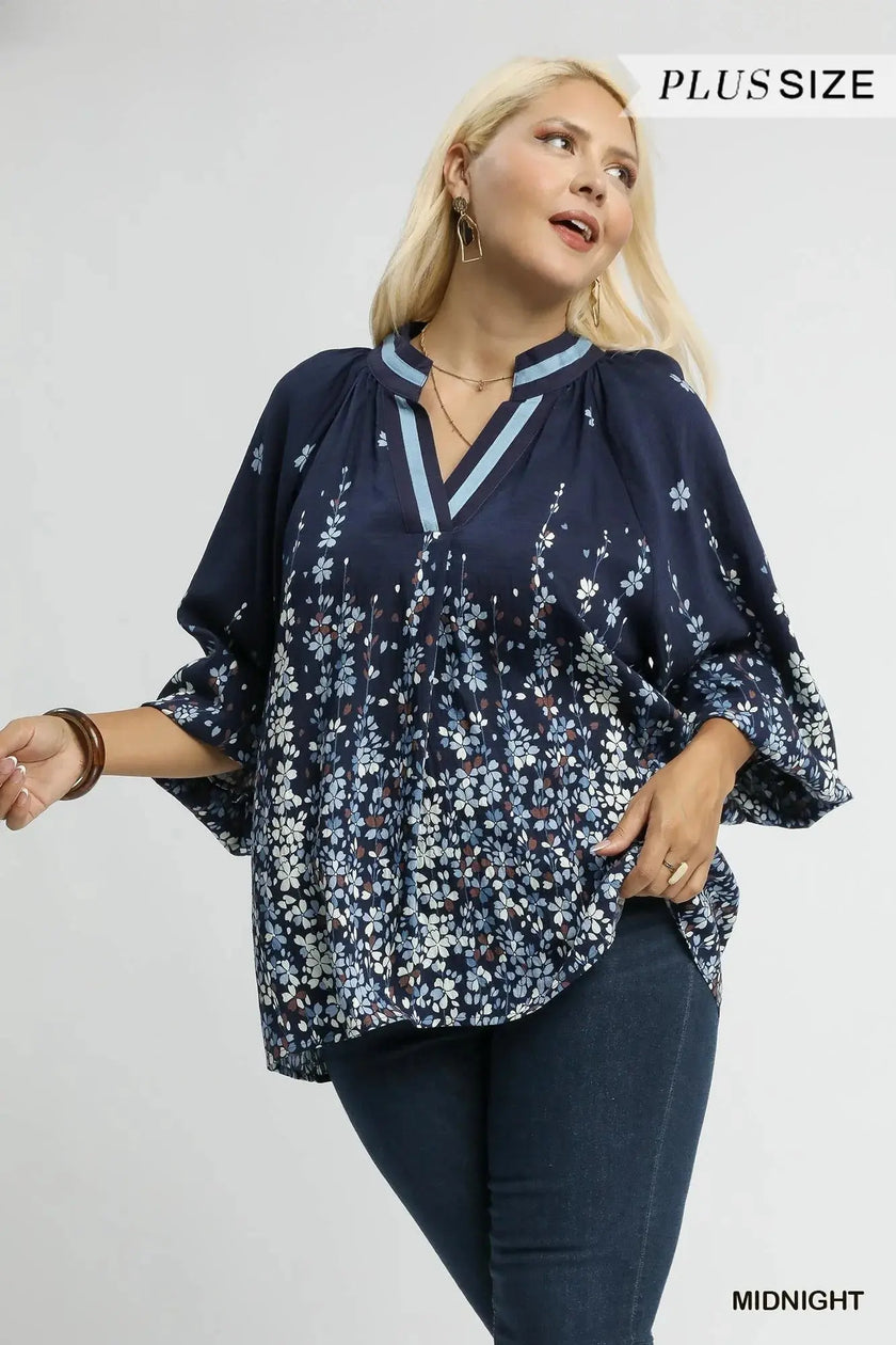 Umgee Full Size Floral Vine Print Blouse with Balloon Sleeves  Style Ratio