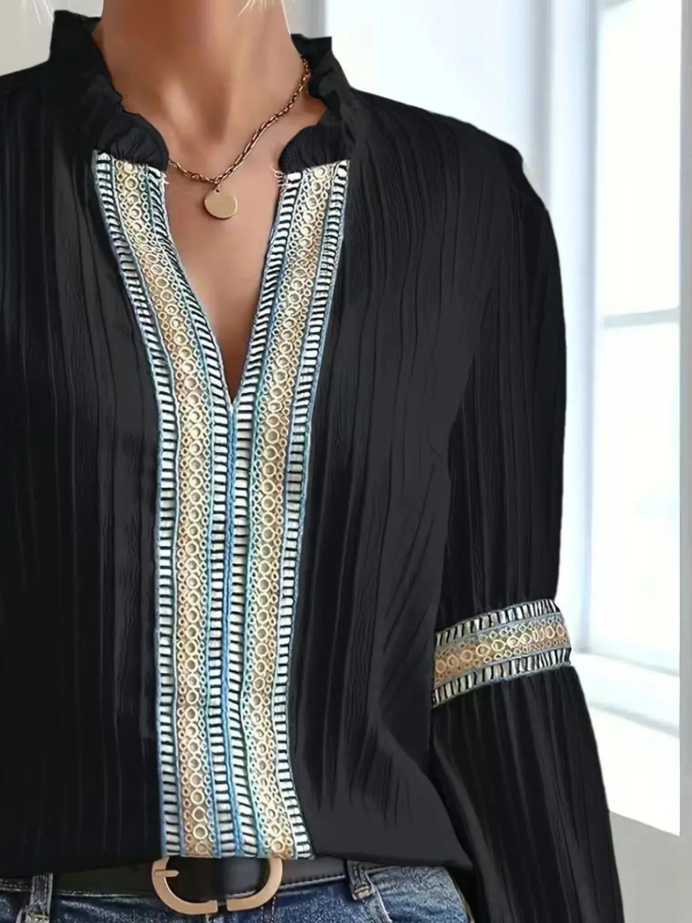 Notched Textured Balloon Sleeve Blouse  Style Ratio