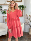 Double Take Full Size V-Neck Balloon Sleeve Tiered Dress with Pockets  Style Ratio