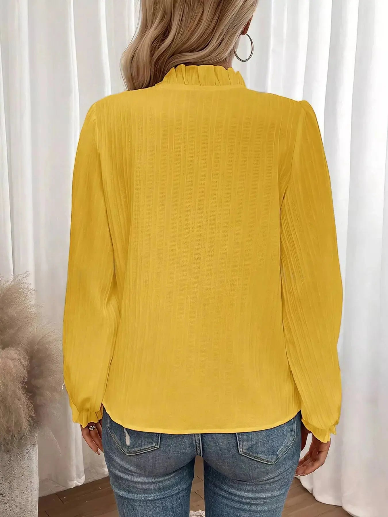 Ruffle Notched Long Sleeve Blouse  Style Ratio