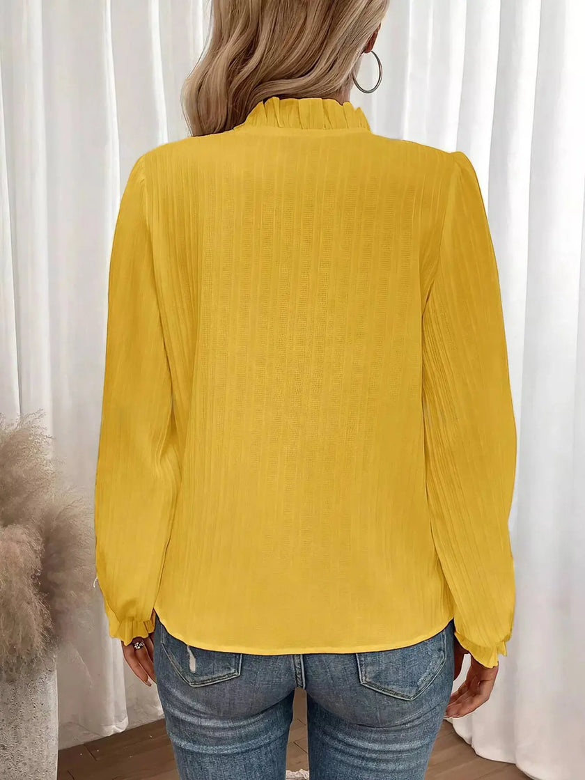 Ruffle Notched Long Sleeve Blouse  Style Ratio