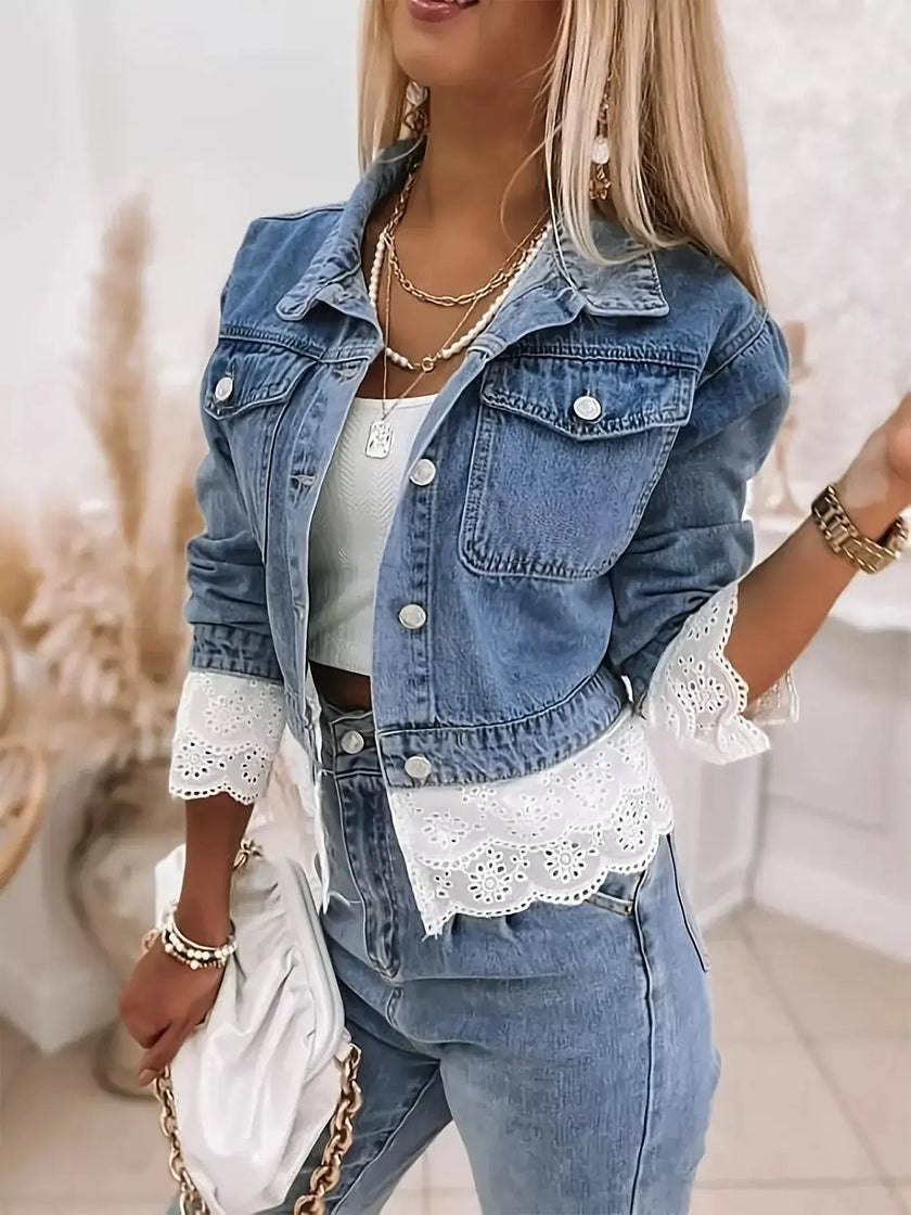 Cropped Denim Jacket with Lace Trim  Style Ratio
