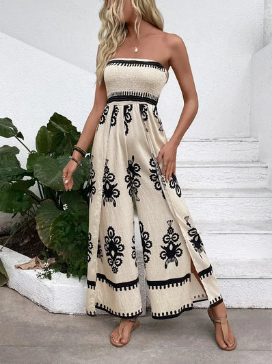 Smocked Printed Wide Leg Jumpsuit  Style Ratio