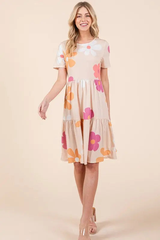 Bombom Floral Round Neck Short Sleeve Tiered Dress  Style Ratio