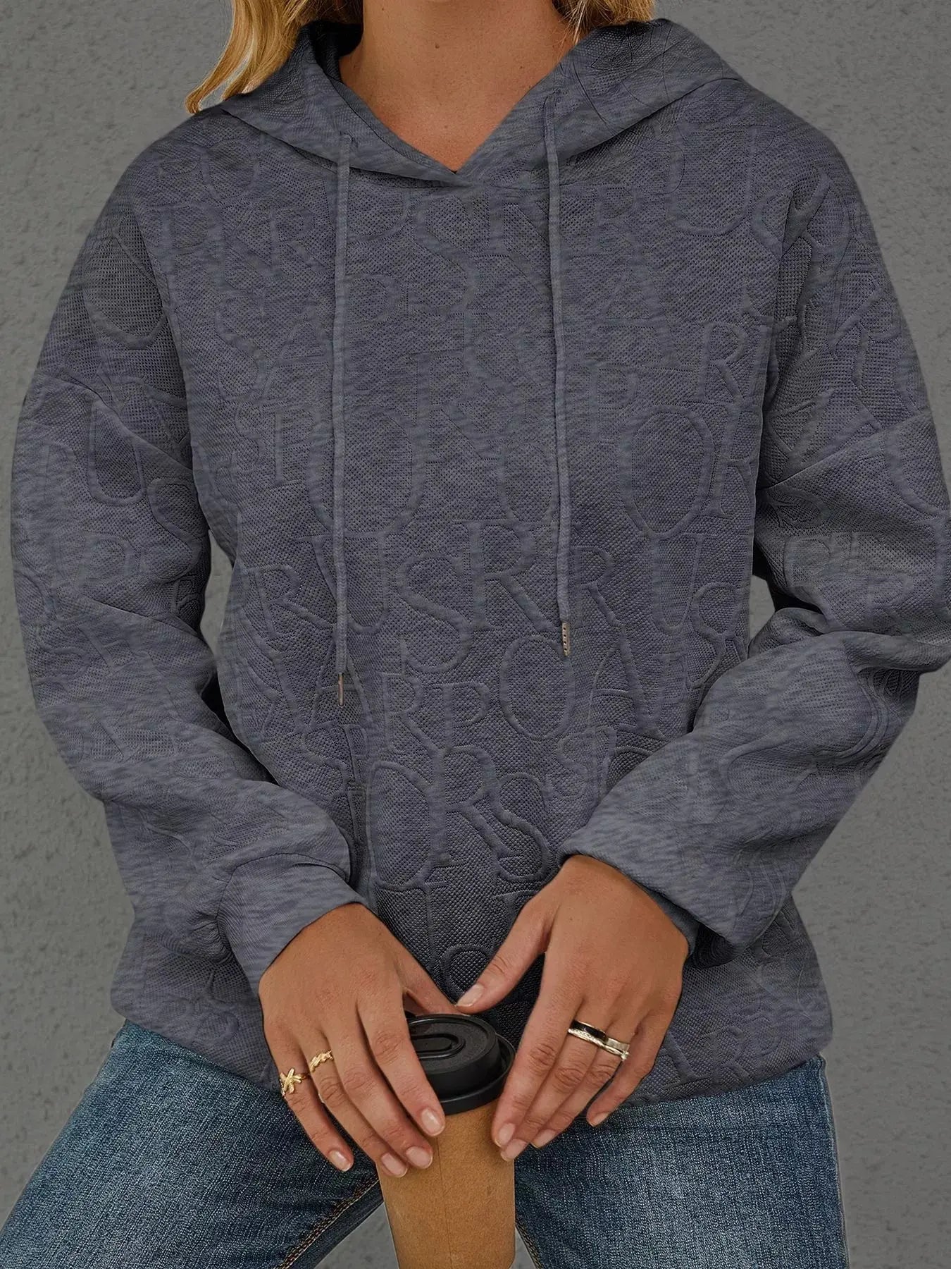Full Size Embossed Lettering Casual Hoodie  Style Ratio