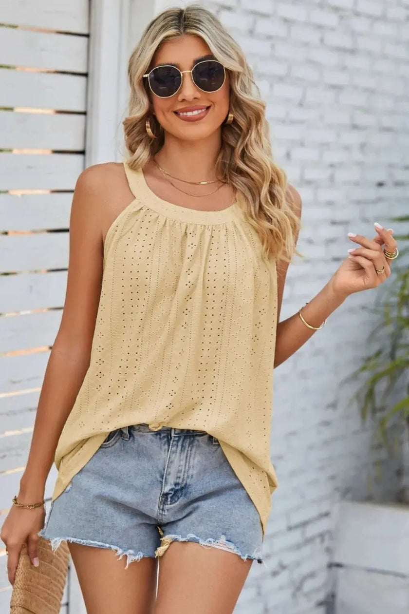 Openwork Round Neck Wide Strap Tank  Style Ratio