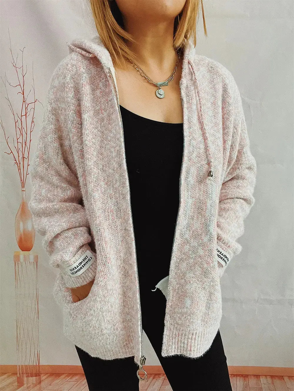 Zip Up Drawstring Long Sleeve Hooded Sweater  Style Ratio