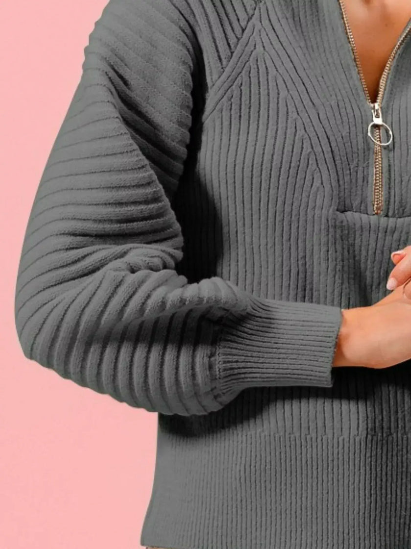 SO ME Half Zip Raglan Balloon Sleeves Ribbed Sweater  Style Ratio