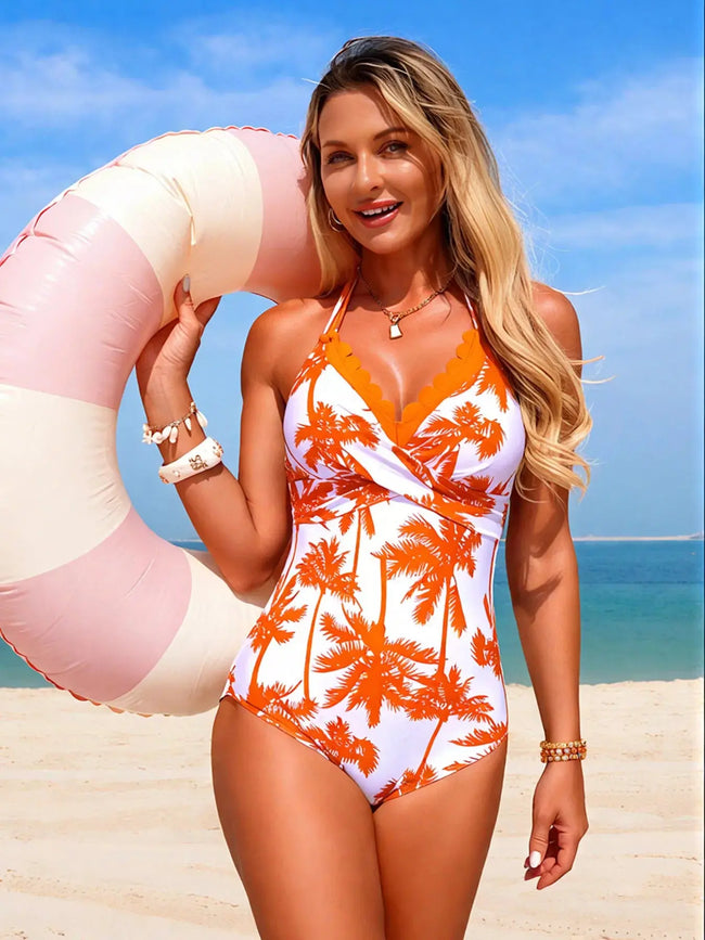 Tropical Palm Print Halter Neck One-Piece Swimsuit  Style Ratio