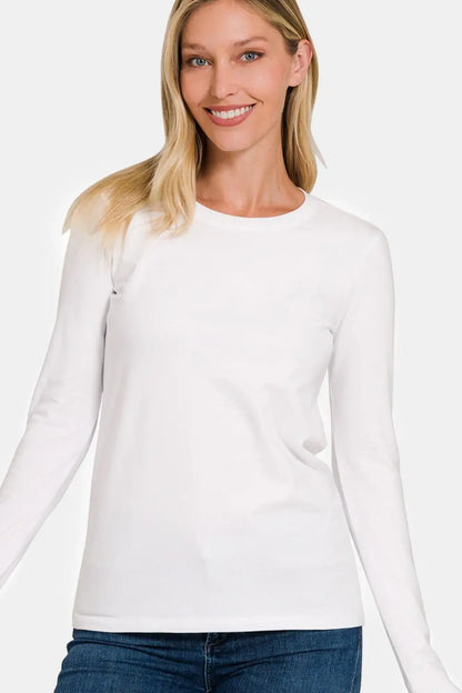 Solid Color Round Neck Long Sleeve Shirt Trendsi