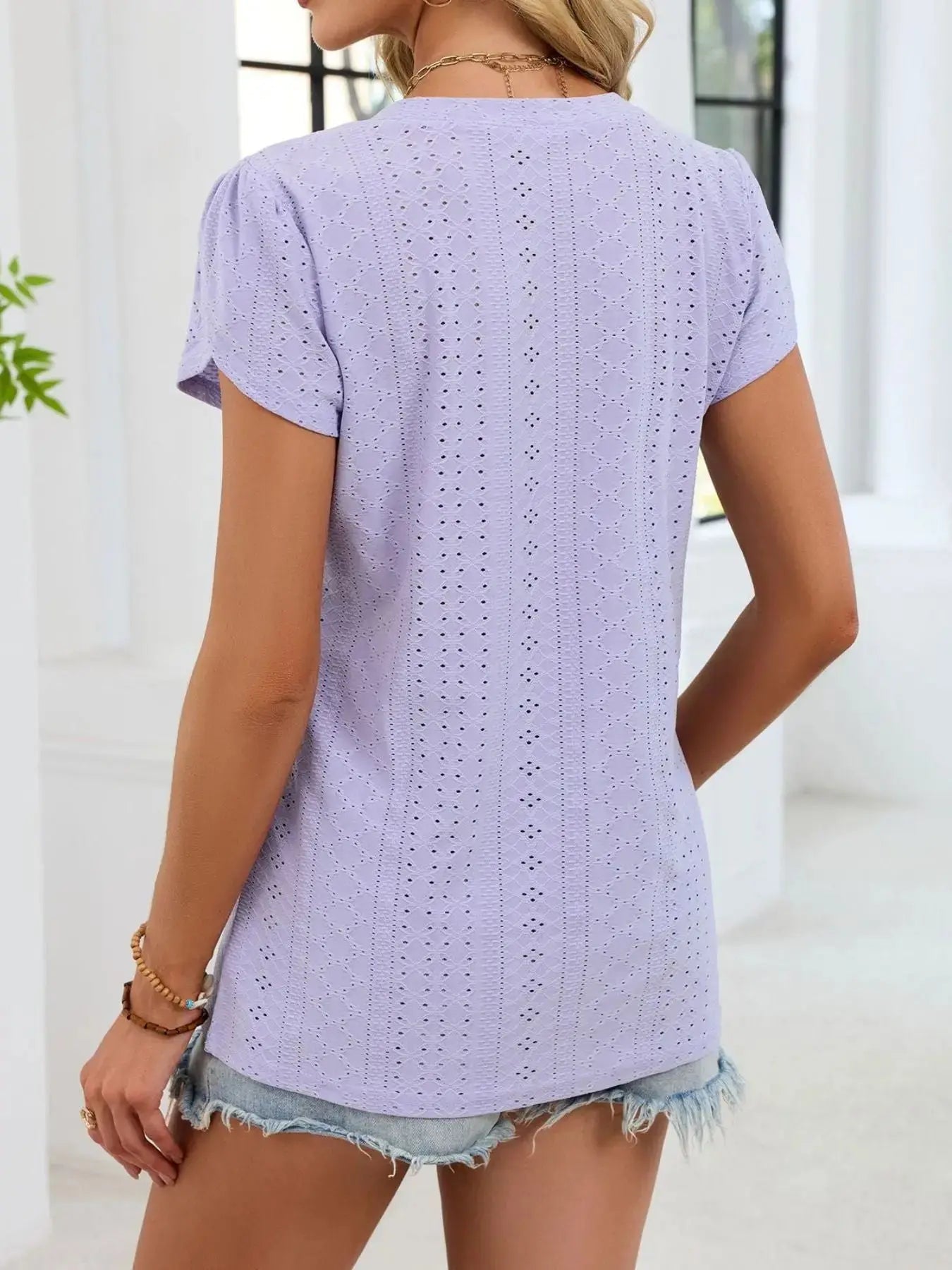 Eyelet Petal Sleeve V Neck Shirt  Style Ratio
